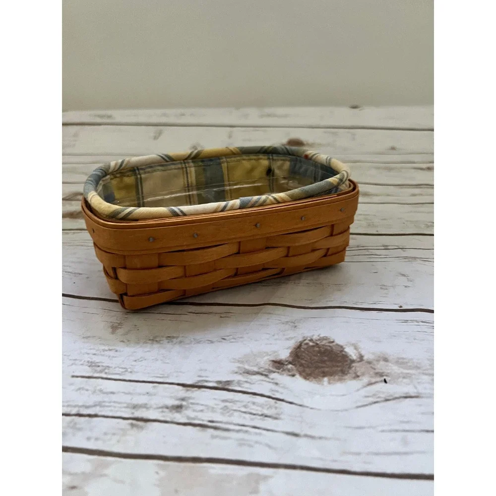VTG Longaberger Divided Basket Brown Yellow Blue Plaid Liner 1999 Small 7x5x3